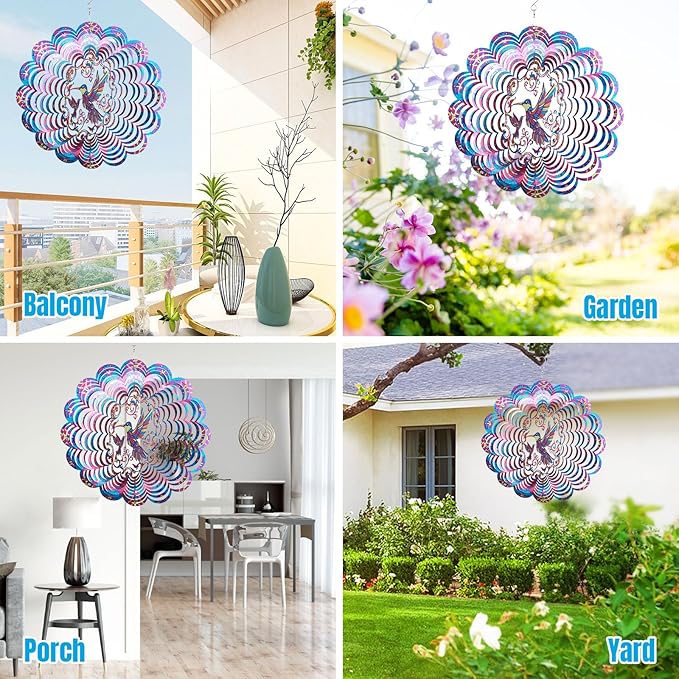 Wind Spinners Outdoor, Hummingbird Metal 3D Hanging Garden Decor, 12-inch Stainless Steel Wind Spinner with Tail Spinner, Wind Sculptures for Patio Lawn Yard, Ornament Gift for Women/Men