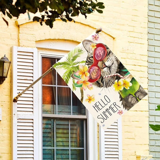 AVOIN colorlife Hello Summer Floral Cat House Flag 28x40 Inch Double Sided Outside, Party Holiday Burlap Yard Outdoor Decoration