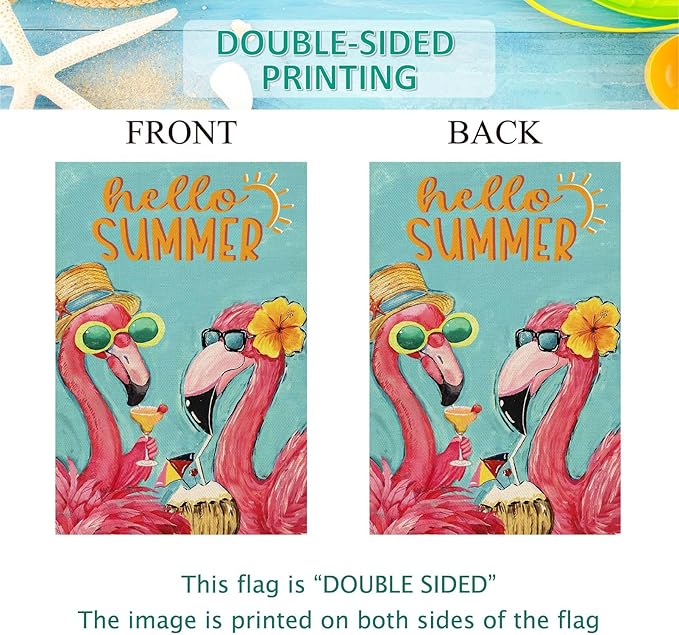 Baccessor Hello Summer Garden Flag Double Sided 12.5x18 Inch Pink Flamingo Tropical Beach Summer Welcome Small Yard Flag Burlap Seasonal Farmhouse Outside Outdoor Decoration