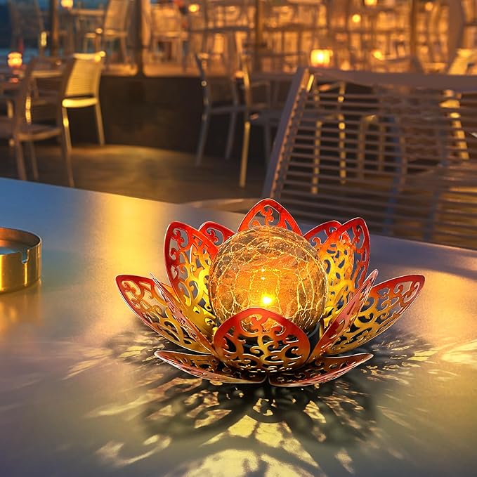 3 Pack Solar Lights Outdoor Garden 6.3 " Glass Lotus Lamp Waterproof LED Metal Flower Lights Outdoor Garden Table Decor for Outside Balcony, Patio, Deck, Porch, Walkway
