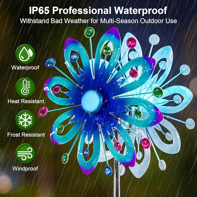 Solar Wind Spinner Outdoor Metal Garden Decor โ 60.63'' Kinetic Flower Sculpture with Color-Changing LED Crackle Glass Ball & Gemstone, Waterproof Wind Catchers for Patio, Yard, Lawn Art Decoration