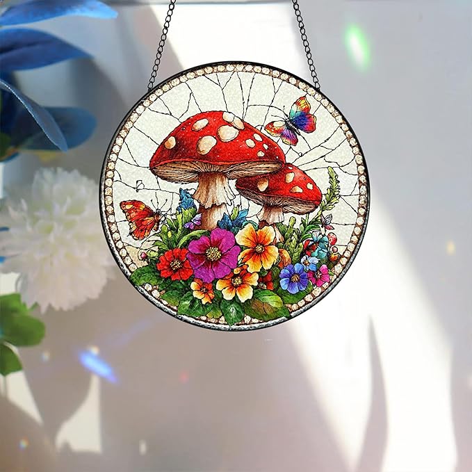 Bimkole Mushroom Stained Glass Suncatcher Window Hanging - Flowers Design for Indoor Window or Doorway Decoration - 7.87x7.87 inch with Chain and Hook - Unique Home Decor Gift