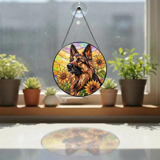 Stained Glass Dog Memorial Suncatcher, German Shepherd_02 Window Hanging,Sympathy Gifts for Pet Loss,7.9 inch/20 cm Home and Garden Decor for Dog Lovers