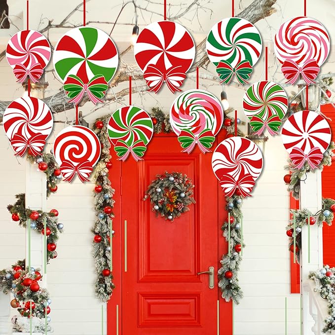 24 PCS Christmas Outdoor Yard Signs Candy Decorations Outdoor Peppermint LED lights Xmas Yard Stakes Hanging Ornaments Holiday Garden Sign