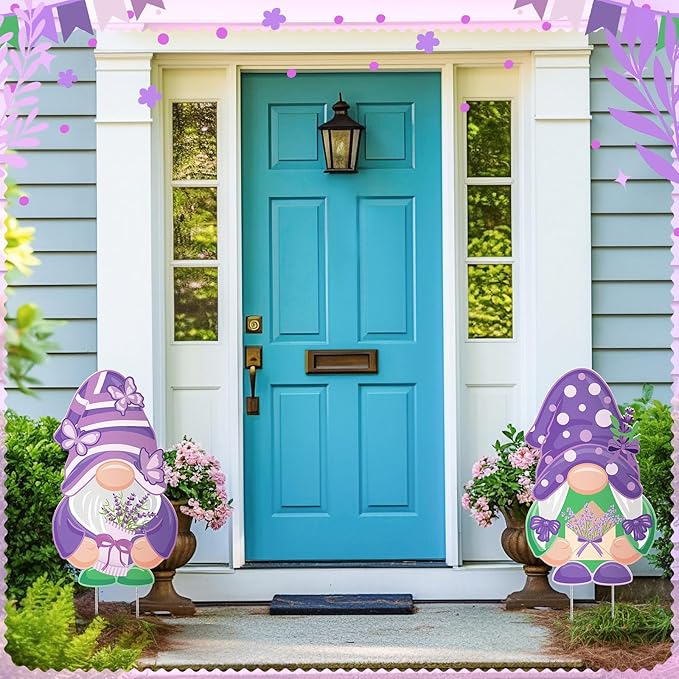 2 Pcs Easter/Spring Outdoor Decorations 16 Inch Easter Yard Signs Metal Pastel Gnome/Rustic Bunny/Lavender Garden Stakes for Home Outside Pathway Lawn Backyard Patio Farmhouse Party Decor(Lavender)