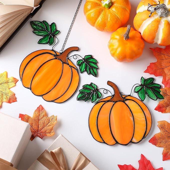 Yalikop 2 Pcs Thanksgiving Fall Pumpkin Suncatcher Decoration Halloween Pumpkin Stained Glass Window Hangings Sun Catcher for Office Party Home Decor Gifts Window Home Garden Fall Crafts Harvest Decor