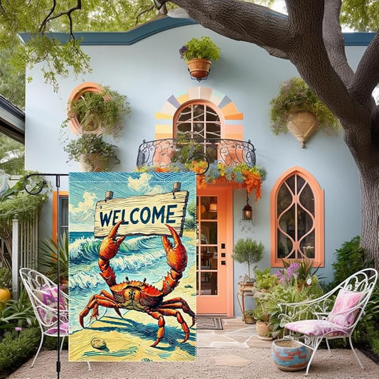 Welcome Crab Garden Flag Spring Summer Grden Flags Vertical Double Sided Small Burlap beach Patio Lawn Holiday Yard Outdoor Decorations 12x18 Inch