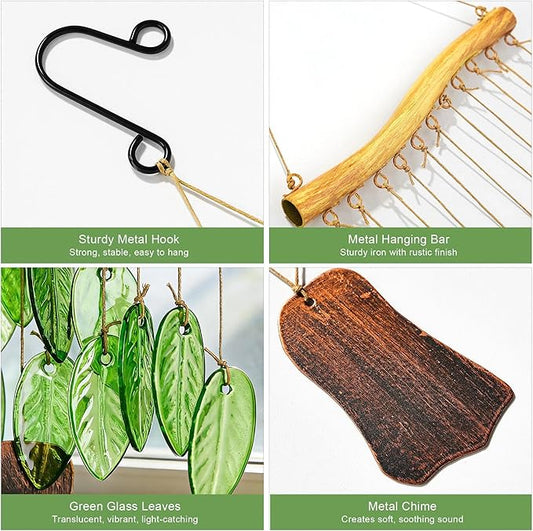 YU FENG Natural Green Leaf Glass Wind Chime, Handcrafted with Iron Wood-Look Hanging Bar, Metal Chime, Hanging Decor for Patio, Window & Garden
