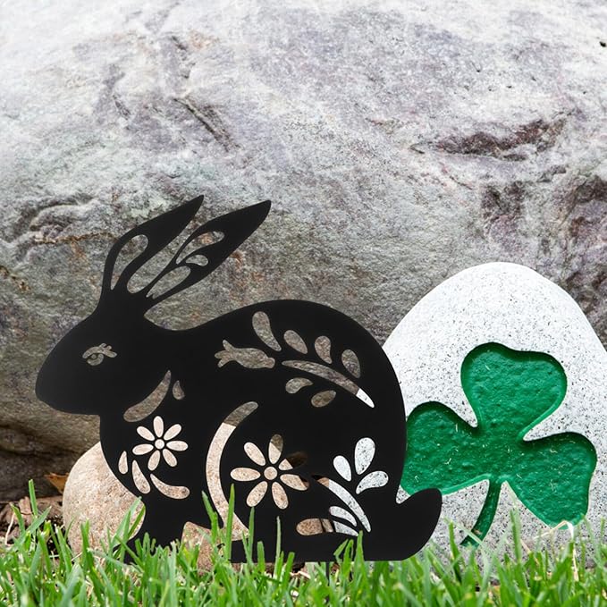 Yardwe Metal Rabbit Garden Stake 10.62X8.46 Inch Outdoor Lawn Ornament Bunny Silhouette Decorative Yard Art for Patio Garden Walkway and Easter Yard Stakes
