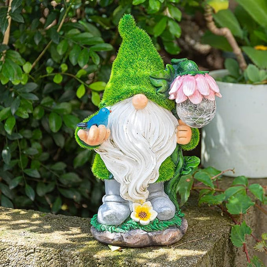 Garden Gnome Statue - Funny Gnome Decoration Hold Flower with Solar Crackle Glass Globe Lights, Resin Gnomes Figurine Ornament for Patio Yard Lawn Porch Outdoor Decor