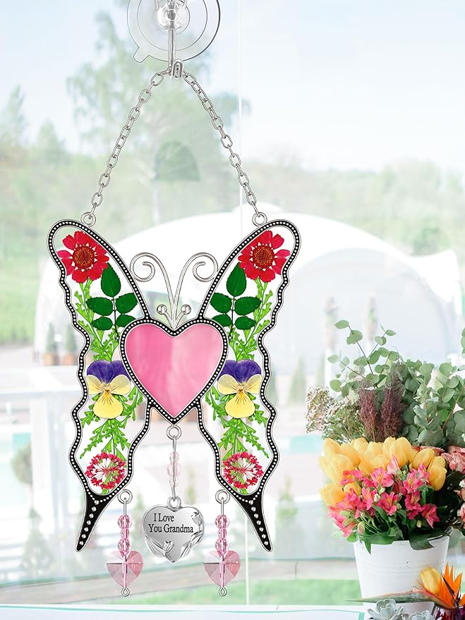 KY&BOSAM Heart Butterfly Suncatcher I Love You Grandma Stained Glass Panels Pink Heart for Windows Wind Chimes Metal Engraved Charm Gifts for Grandma Mothers Day Valentine's Birthday Christmas