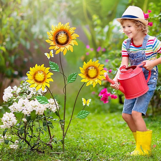 30" Metal Flowers for Outside Garden Stakes Decorative - 3-Head Sunflower Metal Yard Art Outdoor and Garden Decor, Spring Lawn Ornaments for Porch Backyard Patio, Rustproof Garden Gifts