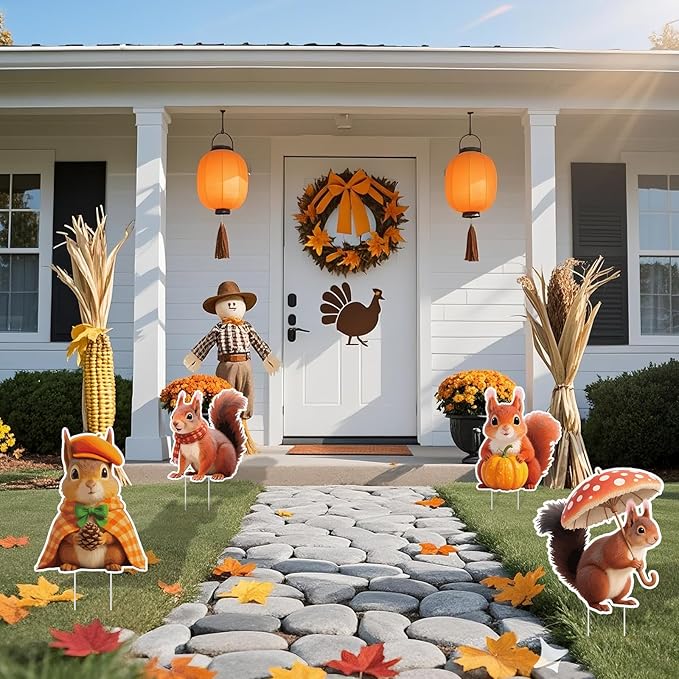 6Pcs Thanksgiving Yard Signs Stakes,The Nut Squirrel Pumpkin Fall Outdoor Decorations for Home Outdoor Yard Patio Lawn Decor, Garden Decorations