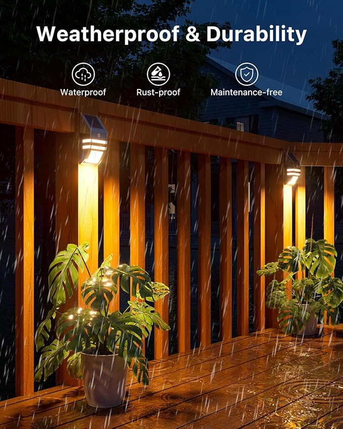 4 Pack Solar Stainless Steel Fence Lights Outdoor Waterproof Motion Sensor Wall Sconce for Backyard Post, Deck, Porch, Stair Rail, Dock, Gate, Walkway, Steps, Patio, Garden, Ambiance Warm Lighting