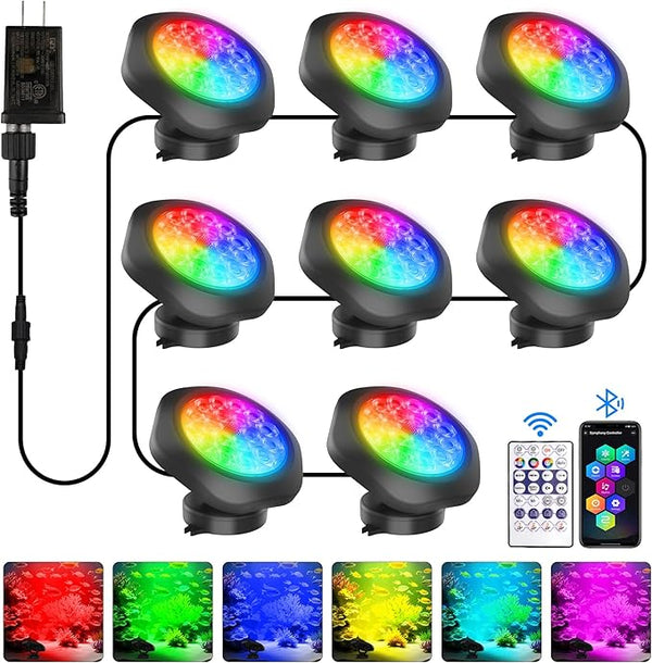 T-SUN Pond Lights LED Underwater – IP68 Waterproof Smart App & Remote Submersible Fountain Lights with 16 Million Colors Dimmable Timer for Outdoor Koi Pond Garden Waterfall Aquarium(Set of 8)
