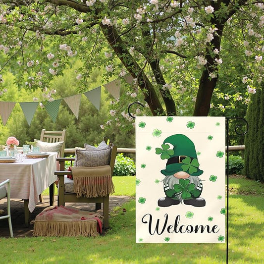 St Patrick’s Day Garden Flag 12x18 Inch Welcome Gnome with Shamrocks Double Sided Outdoor Yard Flags Irish Clover Decorations for Spring Porch Patio Lawn Farmhouse Seasonal Holiday Décor