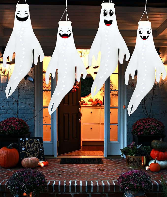 Geefuun 4PCS White Halloween Fierce Ghost Windsocks Hanging Decorations - Flag Wind Socks for Home Yard Outdoor Decor Party Supplies (Batteries Not Included,No Timer)