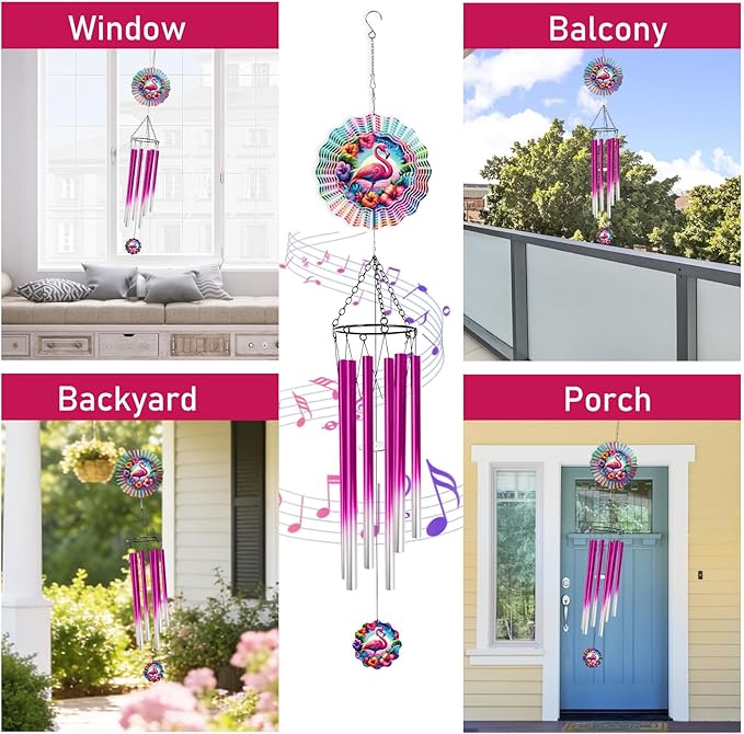 Flamingo Wind Spinner Chime - 6 Inch Hawaiian Style 3D Outdoor Hanging Decor, Tropical Floral Metal Garden Spinner Chime Gift for Women, Kinetic Wind Art Ornament for Yard Patio Balcony