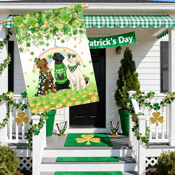 St Patricks Day Dog House Flag 28 x 40 Double Sided Outside White Chocolate Black Lab Garden Banner Labrador Yard Signs for Saint Patrick Spring Outdoor Decorative