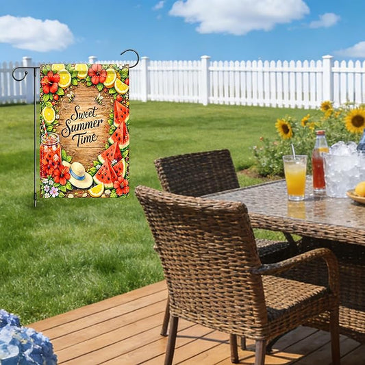 Nuxovilar Summer Garden Flag Sweet Summer Time Lemon Watermelon Flower Pattern Polyester 12x18 Inches Garden Flags for Outside Seasonal Decor Yard Porch Lawn