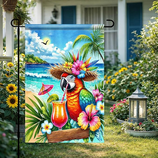 BlissYard Summer Parrot Garden Flag 12x18 Double Sided Tropical Bird Yard Flag Red Parrot Welcome Banner Outdoor Beach Palm Tree Decor Summer Garden Decorations for Home Lawn Patio Porch