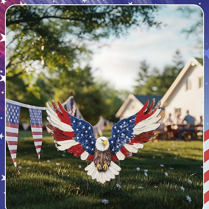 Amyhill 4th of July Outdoor Decor Patriotic Eagle Metal Garden Stakes Decorative Red White Blue Star Yard Signs with Stakes for Independence Day Memorial Day Garden Lawn Decorations