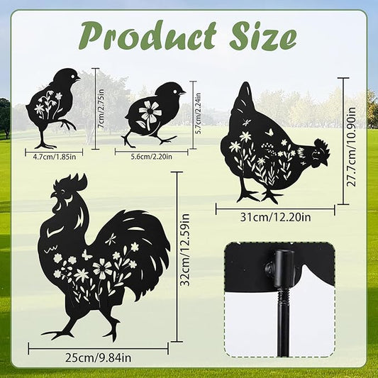 Romart Chicken Silhouette Garden Stakes Decorations - 6 Pcs Metal Chicken Animals Statues, Black Rustic Animal Sculpture Set, Yard Art for Outdoor Garden & Patio Lawn