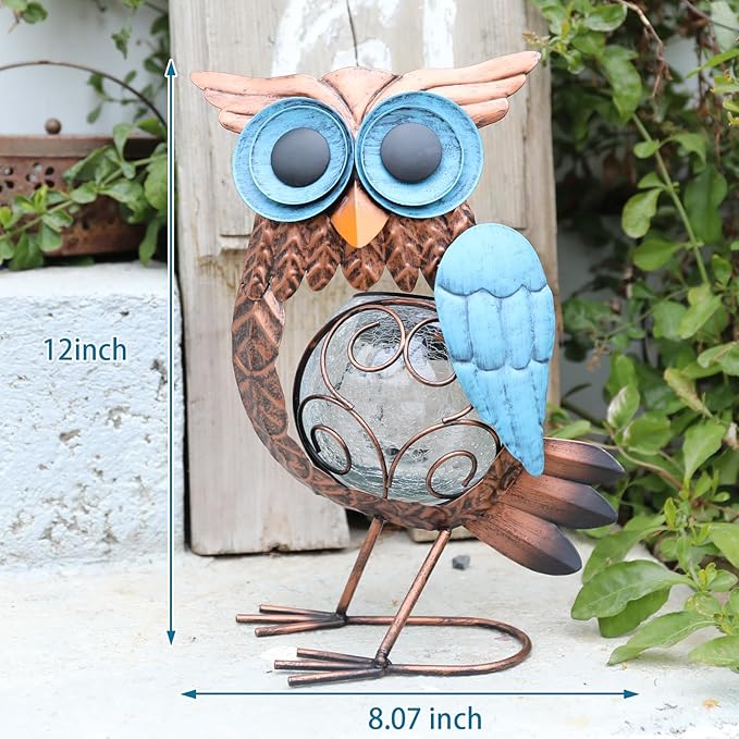 MUMTOP Solar Lights Outdoor Garden Owl Decor, Owl Solar Light Outdoor Waterproof with Crackle Glass Globe Gardening Statue Gifts and Metal Yard Art for Lawn Porch Patio Outside Garden