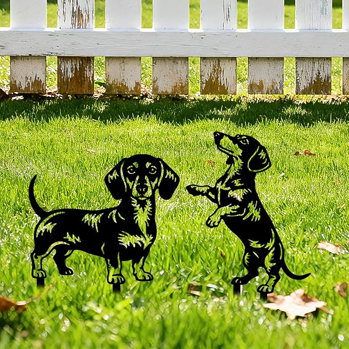 GLOBLELAND 2 Pcs Dachshund Garden Stakes for Yard Decor Dog Silhouette Metal Stakes Funny Animals Statues Lawn Signs for Dog Lovers Outdoor Party Patio Landscape Decor