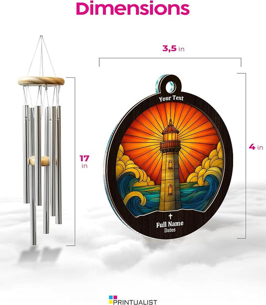 Personalized Sympathy Suncatcher Wind Chimes for Loss of Loved One, 17 Inches, Lighthouse - Add Custom Text - Metal Tubes and Suncatcher