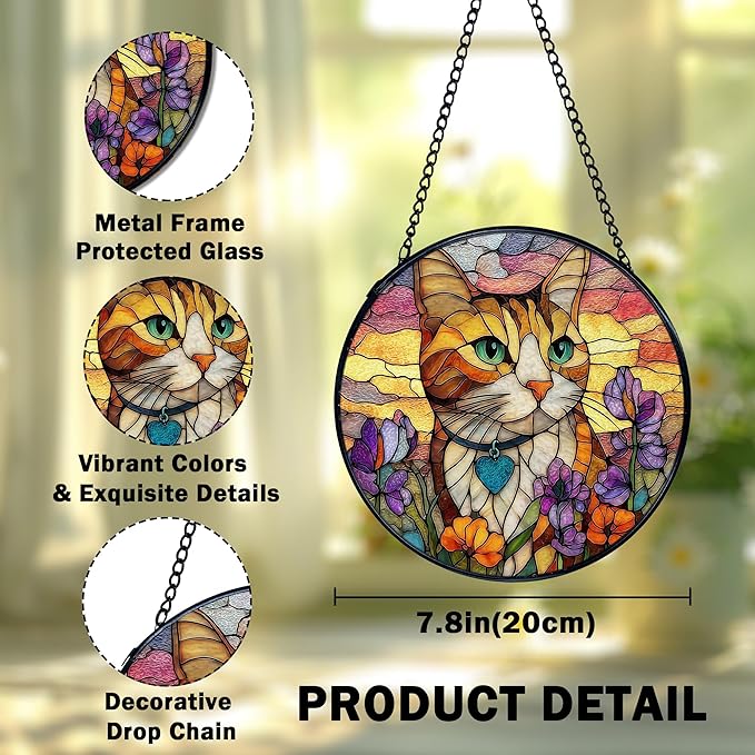 Cat Flower Suncatcher Stained Glass Window Hanging, Orange Cat Sun Catchers Indoor Window Glass Wall Art Decor, Kitten Floral Wall Hanging Decor Decorations, 7.9x7.9 Inch