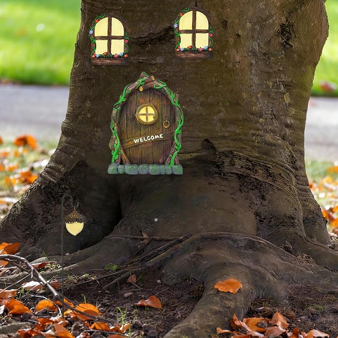 Fairy Door and Windows for Trees Outdoor, Glow in The Dark Fairy Doors Miniature Fairy Garden Accessories, Yard Art Sculpture Decoration Fairy Garden Decor with Lantern for Outside, Patio