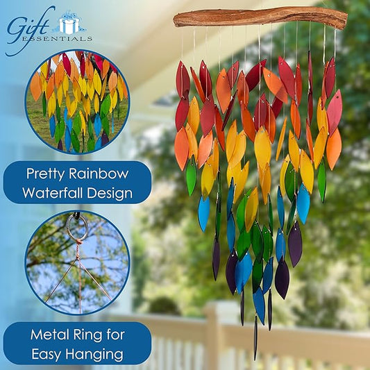 Blue Handworks Deluxe Rainbow Waterfall & Driftwood Chime, Sandblasted Glass and Found Wood Handcrafted Wind Chime
