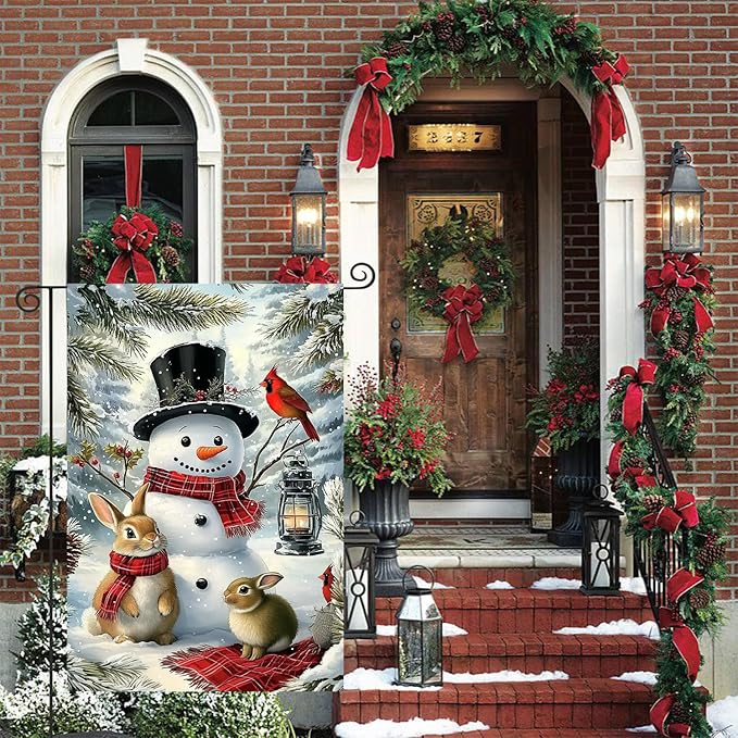Winter Garden Flags 12x18 Double Sided, Small Burlap Outdoor Holiday Farmhouse Rustic Snowman Bunny Xmas Garden Flag Christmas Decorations Yard Lawn Porch Flags for Outside Decor