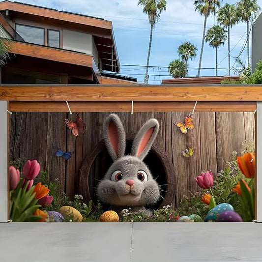 Easter Garage Door Banner Cover, Easter Bunny Colorful Eggs Spring Party Backdrop Decor, Garage Door Cover For Outdoor Yard Holiday Decoration (Cave Bunny)