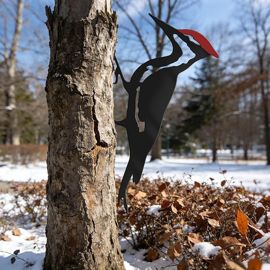 Woodpecker Metal Yard Decor, Red Head Bird Tree Branch Decoration - Rustic Metal Yard Art for Garden, Fence & Outdoor Decoration