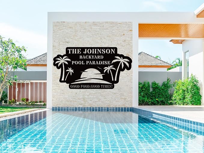 Personalized Pool Metal Name Sign,Custom Poolside Paradise Pool Signs and Decor Outdoor, Family Palm Tree Sign, Last Name,Summer Backyard Patio Decor