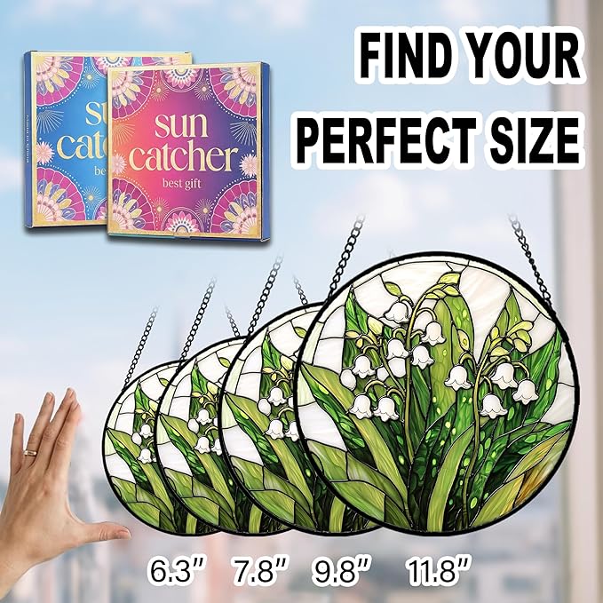 Birthday Gifts for Women - Lily of the Valley Faux Stained Glass Window Hanging Sun Catcher for Door Garden Acrylic Decor Mother's Day Christmas May for Mom Nana Grandma Sisters 7.8"