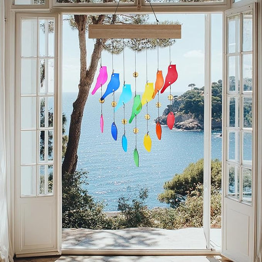 Colorful Glass Wind Chimes for Outdoor Garden & Patio - Handcrafted Bird Design Windchime, Perfect Housewarming Gift for New Home