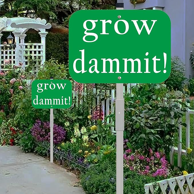 Grow Dammit Garden Signs with 28-inch metal stake, 10x7inch Metal Garden Stakes Decor Sign, Funny Gardening Gifts for Women Men and Gardeners,Green,1Pack