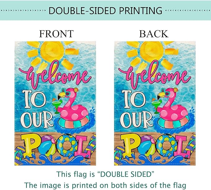 Baccessor Summer Pool Flamingo House Flag Vertical Double Sided Summer Welcome to our Pool Large Yard Flag Double Sided 28x40 Inch Burlap Vertical Seasonal Farmhouse Yard Outdoor Decoration