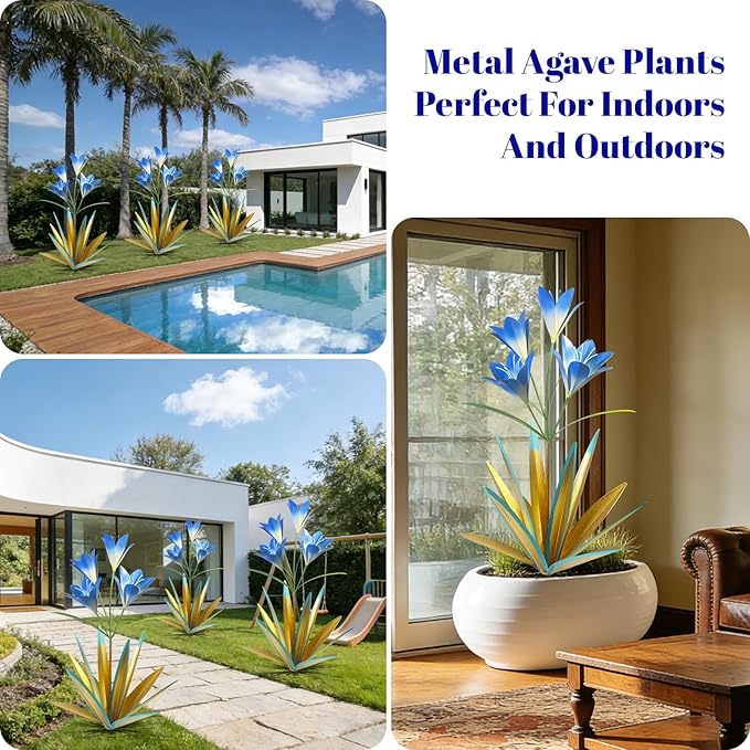 TOMBABY 32.28 Inch Metal Agave Plant Outdoor Decoration Lily Mexican Yard Art Garden Gift Home Decor Hand Painted Metal Agave Garden Yard Statue (2, Blue)