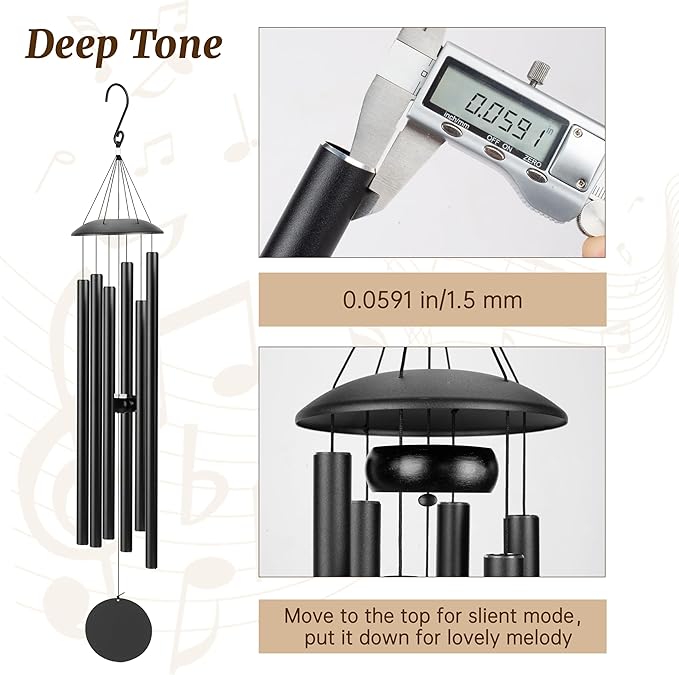 38" Large Aluminium Wind Chimes 38" with Deep Tone Sound, Coolest Metal Windchimes Outdoors with Pine Wood Striker, Unique Gift for Mom, Garden Decoration(38" Black Thick)