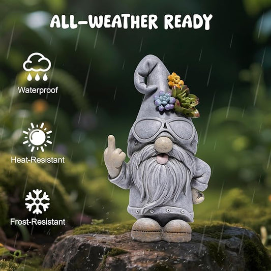 basen Funny Garden Gnome Statue, Resin Outdoor Lawn Yard Decor, Cool Sunglasses Gnome Figurine with Succulent Hat Accent, Weatherproof Patio Porch Backyard Decoration, Unique Gift Idea