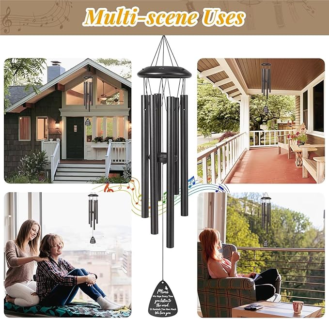 Gifts for Mimi, 25''Wind Chimes Black, Mimi Birthday Gifts from Grandkids, Thanksgiving, Ideas of Decorations for Outside, Patio, Garden or Yard