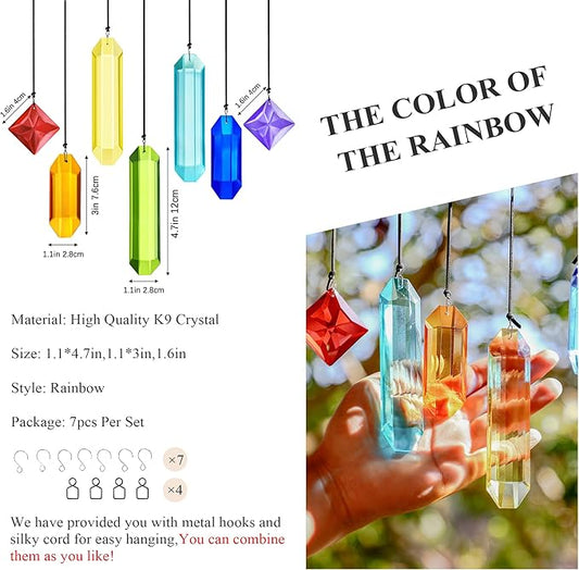 HDCRYSTALGIFTS 7pcs Crystal Prisms Suncatchers for Windows Hanging Rainbow Chakra Sun Catchers Indoor Windows Outdoor Home Garden Decor Glass Ornaments for Tree
