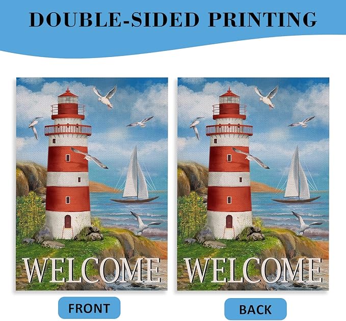 Home Decorative Welcome Summer Lighthouse House Flag, Spring Coastal Seagull Birds Garden Yard Beach Nautical Sailboat Outside Decoration, Ocean Outdoor Large Burlap Decor Double Sided 28 x 40