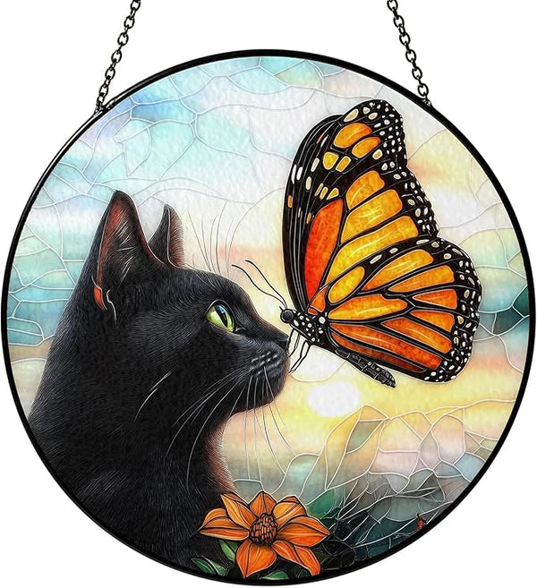 Black Cat Gifts, Cat Memorial Suncatcher Gift for Loss of Cats Butterfly Stained Glass Suncatcher Window Hanging Decor for Garden, Pet Loss Gift Christmas Birthday Sympathy Gifts for Pet Lovers Women
