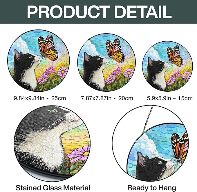 Tuxedo Cat Gifts, Black & White Cat Memorial Suncatcher Gift for Loss of Cats, Butterfly Stained Glass Suncatcher Window Hanging Garden Decor, Pet Loss Gift Christmas Sympathy Gifts for Women