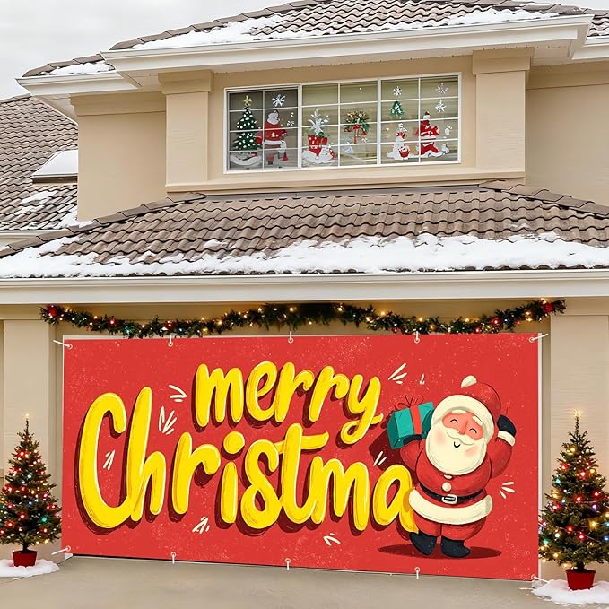 7 x 16 ft Christmas Garage Door Decorations Merry Christmas decorations Xmas Garage Door Cover, Happy New Year Hanging Banner for Home,Outdoor,Indoor,Party